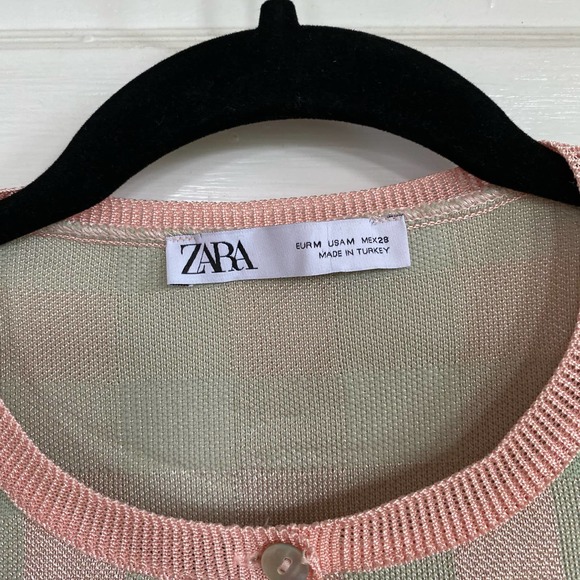 Zara green pink plaid short sleeve button up cardigan sweater, Sz M - Picture 9 of 9